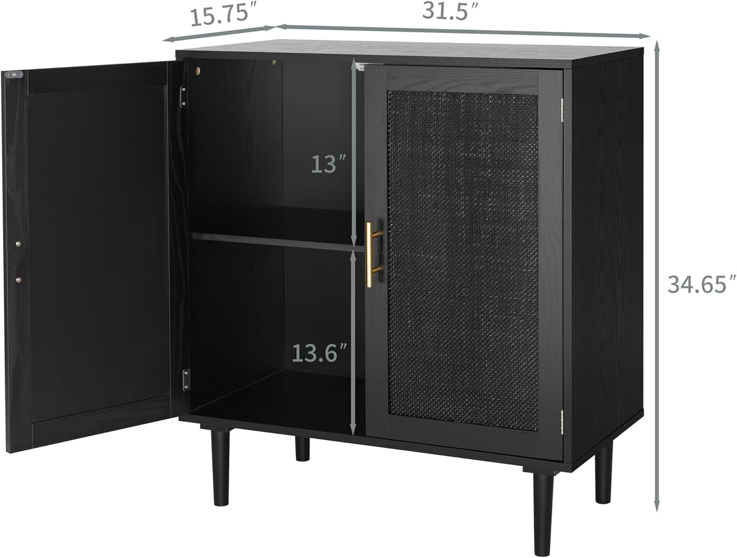 Sideboard Buffet Kitchen Storage Cabinet with Black Painted Rattan Decorated Doors, Dining Room, Hallway, Cupboard Console Table, Liquor/Accent Cabinet, 31.5X 15.8X 34.6 Inches, Black