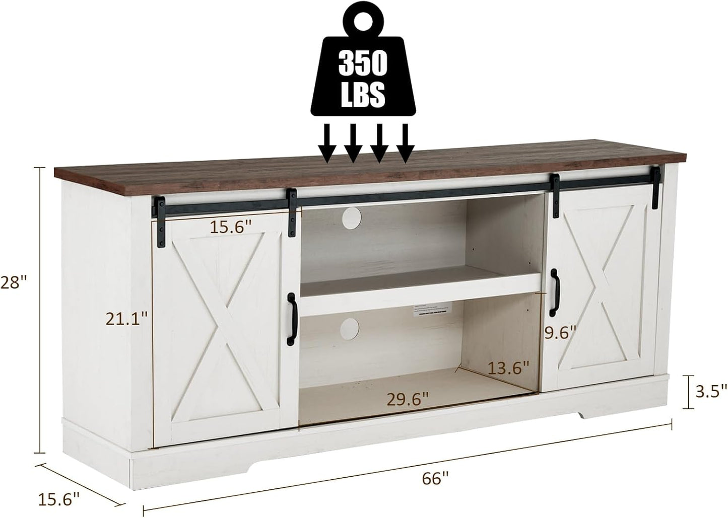 66" Farmhouse TV Stand for 75 Inches Tvs, Entertainment Center with Sliding Barn Door and Adjustable Shelf & Feet, Console Table with Storage, Distressed White & Rustic