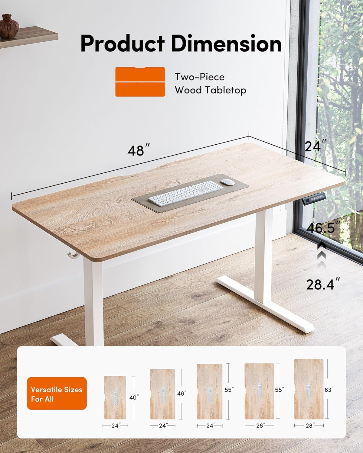 Standing Desk, 48 × 24 Inches Electric Height Adjustable, Sit and Stand Up, Computer Office Desk with Splice Board, White Frame/Maple TOP