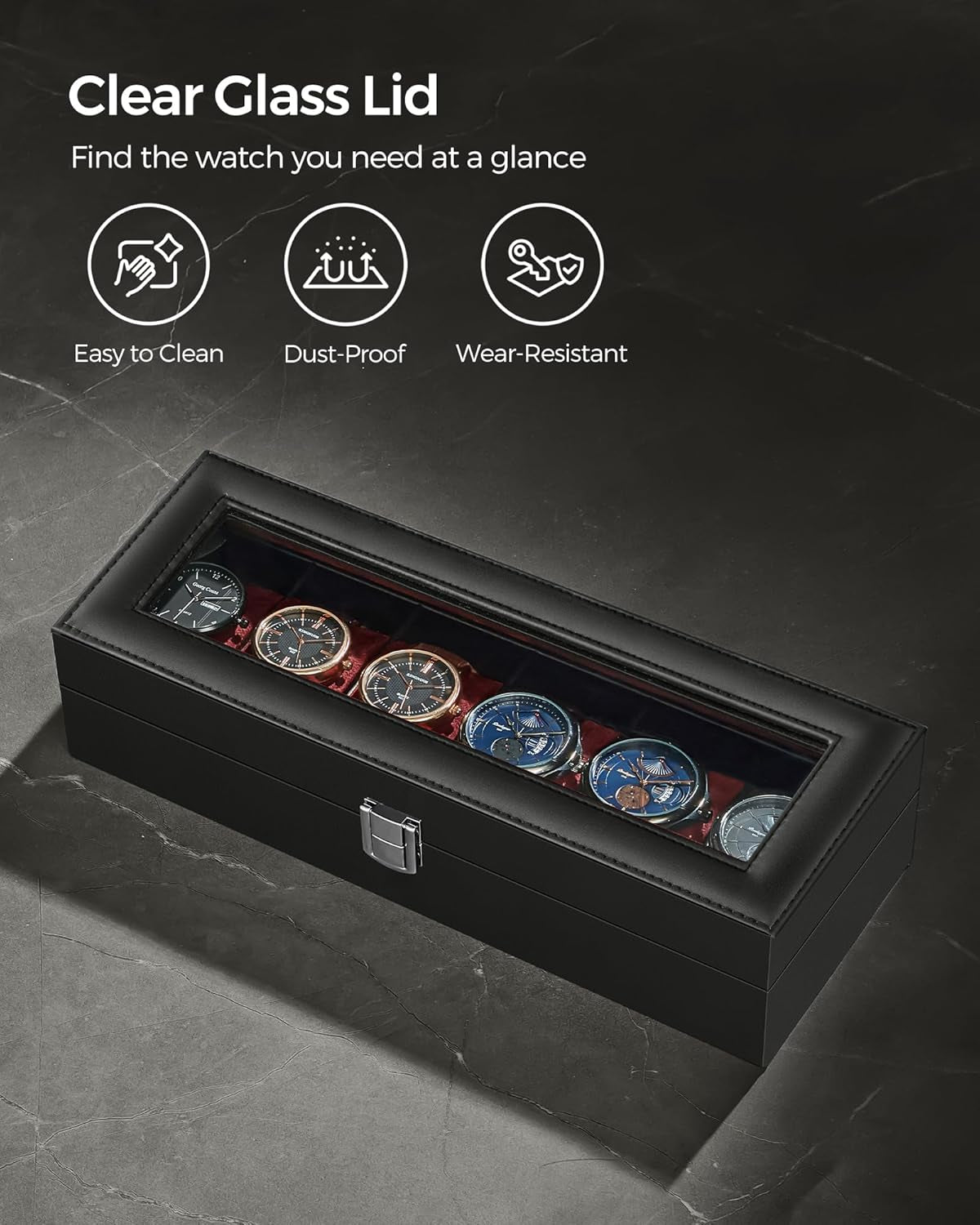 2 Items Bundle - Watch Boxes, 12-Slot Watch Box with Large Glass Lid and Removable Watch Pillows, 6-Slot Watch Case, Black Synthetic Leather UJWB12BK and UJWB006R01