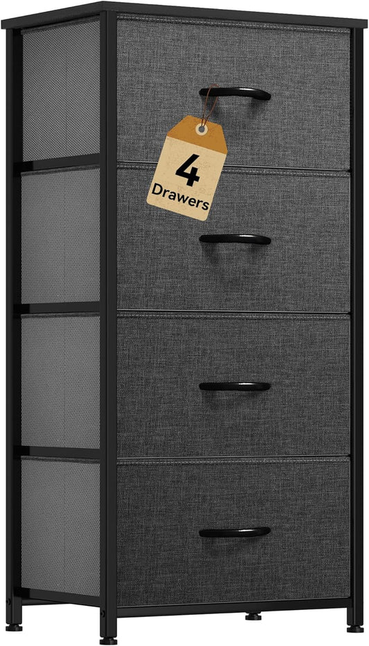 Storage Tower with 4 Drawers - Fabric Dresser, Organizer Unit for Bedroom, Living Room, Closets - Sturdy Steel Frame, Easy Pull Fabric Bins & Wooden Top