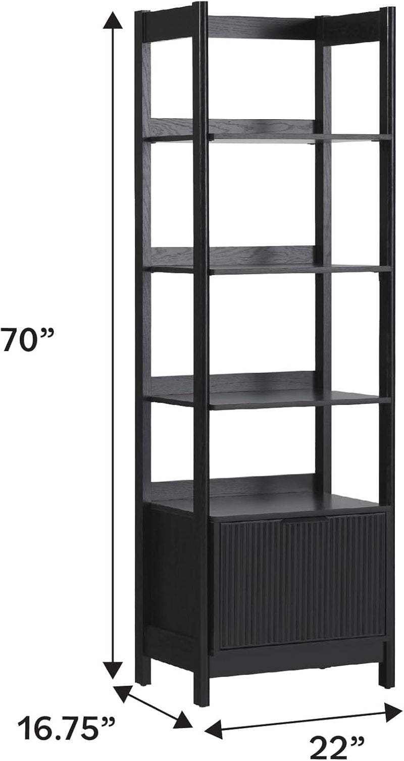 Transitional Reeded Narrow Open Bookshelf with Drawer Home Office Living Room, Bedroom, 4-Shelf Bookcase with Bottom Storage, 22 Inch, Black