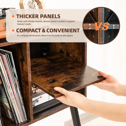 Record Player Table, Mid-Century Record Player Stand with Vinyl Storage Hold up to 150+ Albums, Vinyl Record Cabinet with Adjustable Shelves, Wood Turntable Stand for Music Living Room (Brown)