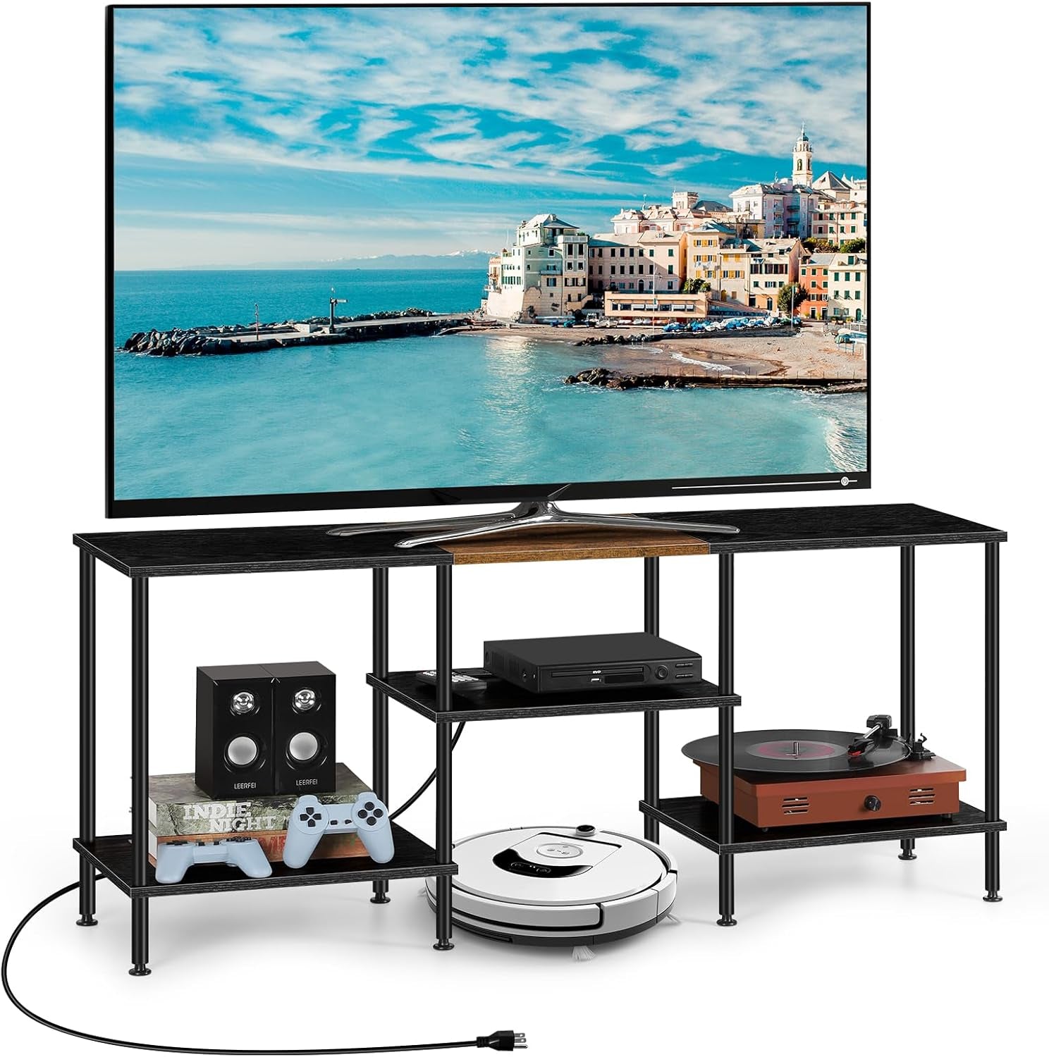 TV Stands for Living Room 50 Inch TV Stand with Power Outlet Entertainment Center with Storage 3 Tier TV Console Table for 50 43 40 32 Inch TV, Black