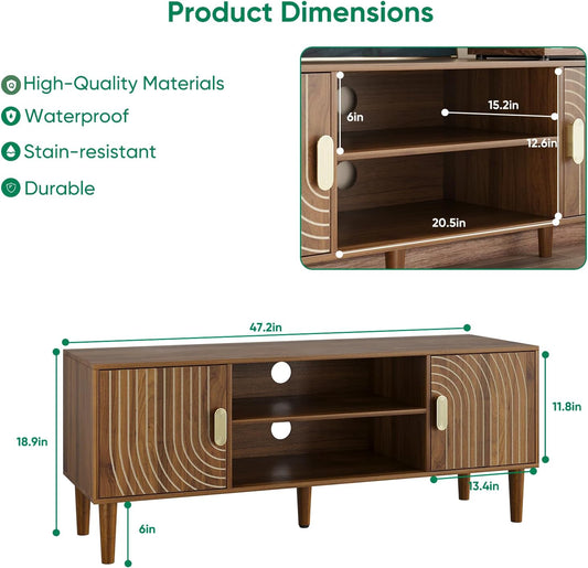 47" TV Stand for Tvs up to 55 Inch, Entertainment Center with Storage and Adjustable Shelves, Modern Media Console for Living Room, Walnut