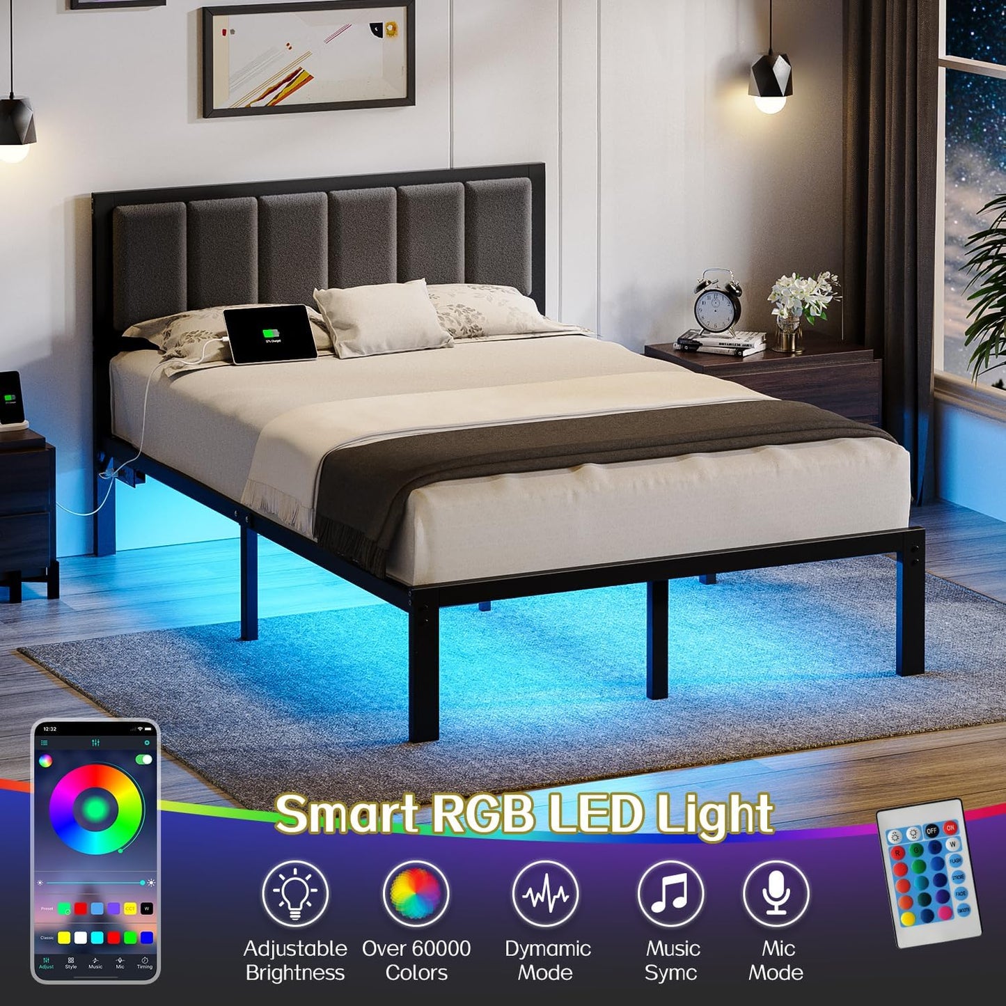 Full Bed Frame with Headboard Metal Platform Bed Full Size with USB Charging Station and LED Lights, No Box Spring Needed