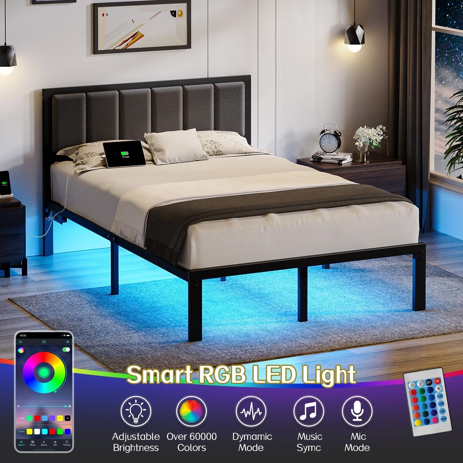 Full Bed Frame with Headboard Metal Platform Bed Full Size with USB Charging Station and LED Lights, No Box Spring Needed