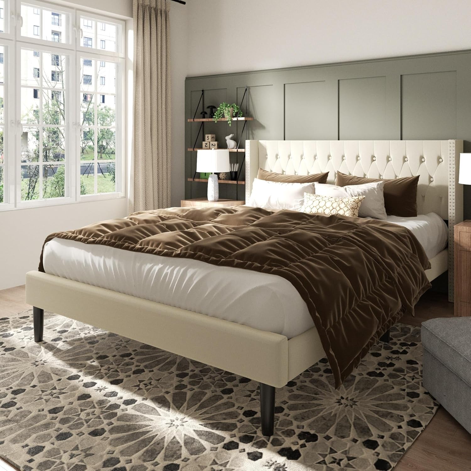 King Size Bed Frame, Upholstered Platform Bed with Wingback Headboard, Velvet Button Tufted, Easy Assembly, No Box Spring Needed, Beige