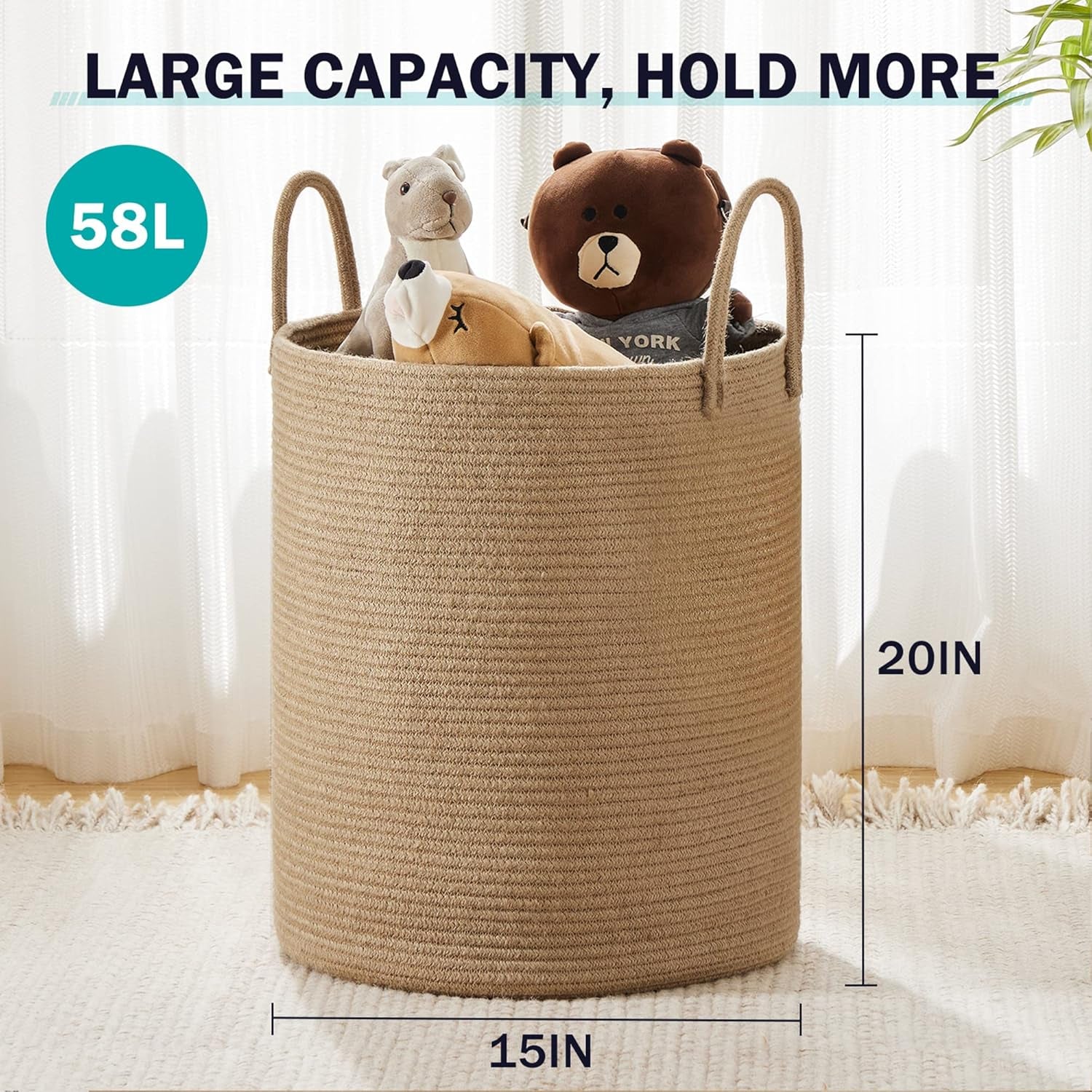 Jute Rope Laundry Hamper Basket by , 58L Tall Laundry Basket, Baby Nursery Hamper for Blanket Storage for Bedroom-Large-Jute
