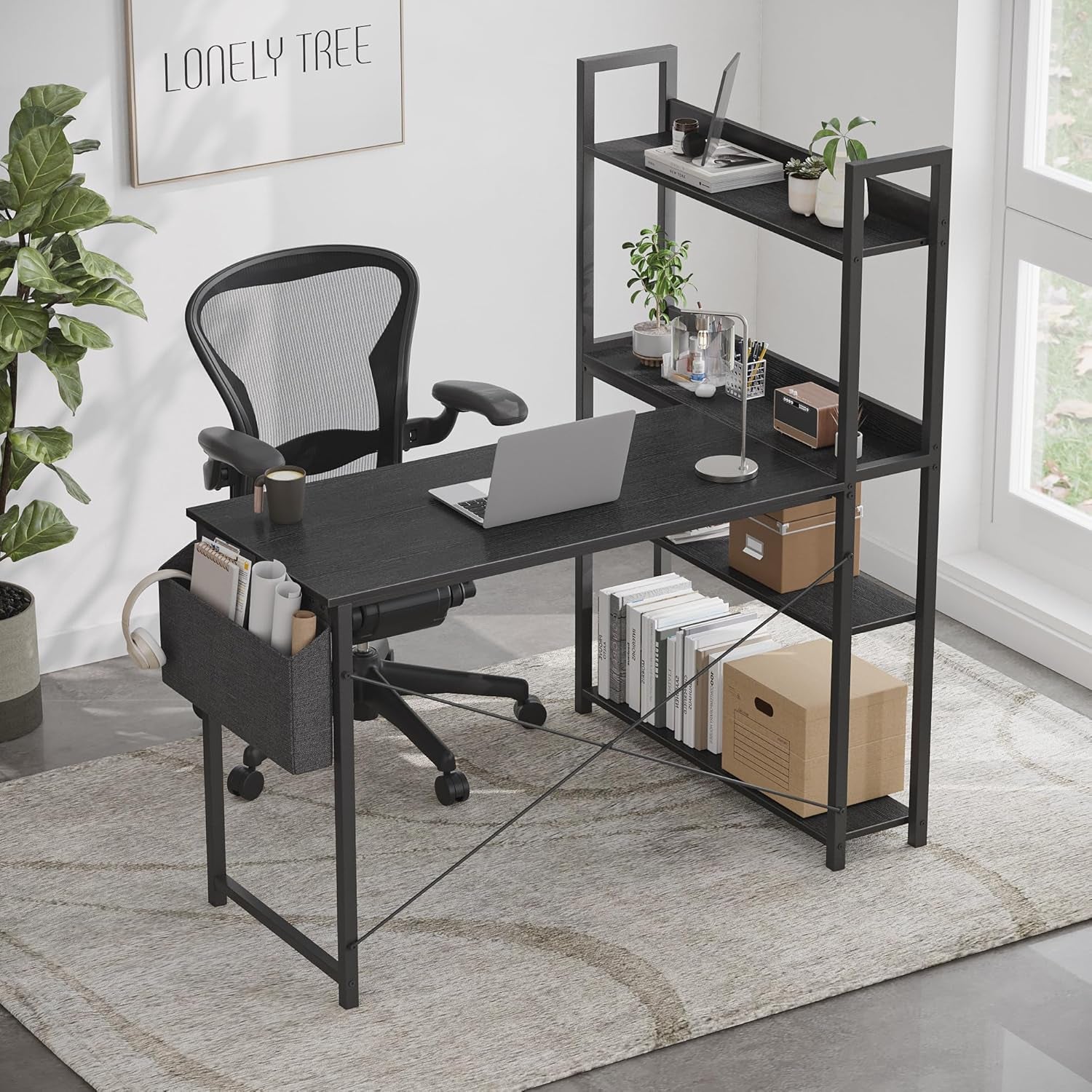 55 Inch Small L Shaped Desk, Corner Desk with Bookshelf, Home Office Desk, Writing Study Desk for Bedroom, Black