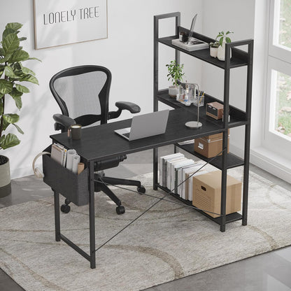 55 Inch Small L Shaped Desk, Corner Desk with Bookshelf, Home Office Desk, Writing Study Desk for Bedroom, Black