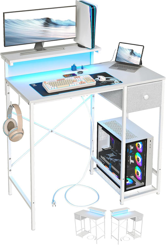 33.5" Small Gaming Desk with LED Lights & Power Outlets, Compact Computer Desk with Monitor Stand & CPU Stand, Gamer Table with Storage Drawer, Side Hooks for Home Office, Bedroom, White
