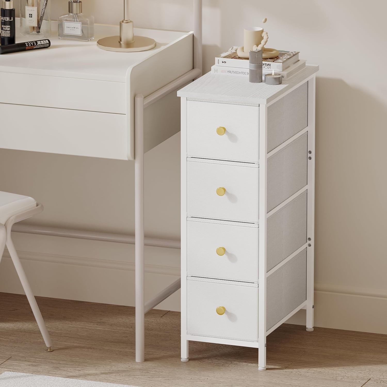 Narrow Storage Cabinet, Narrow Nightstand Dresser with 4 Drawers, Slim Fabric Dresser Storage Tower for Small Spaces, White Dresser, for Bedroom, Bathroom, Laundry, Closet