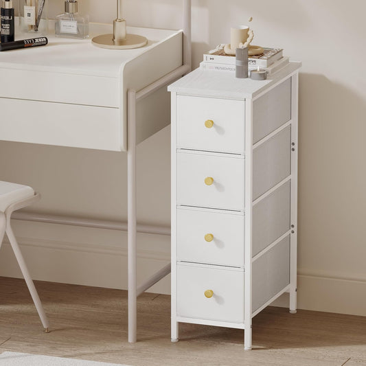 Narrow Storage Cabinet, Narrow Nightstand Dresser with 4 Drawers, Slim Fabric Dresser Storage Tower for Small Spaces, White Dresser, for Bedroom, Bathroom, Laundry, Closet