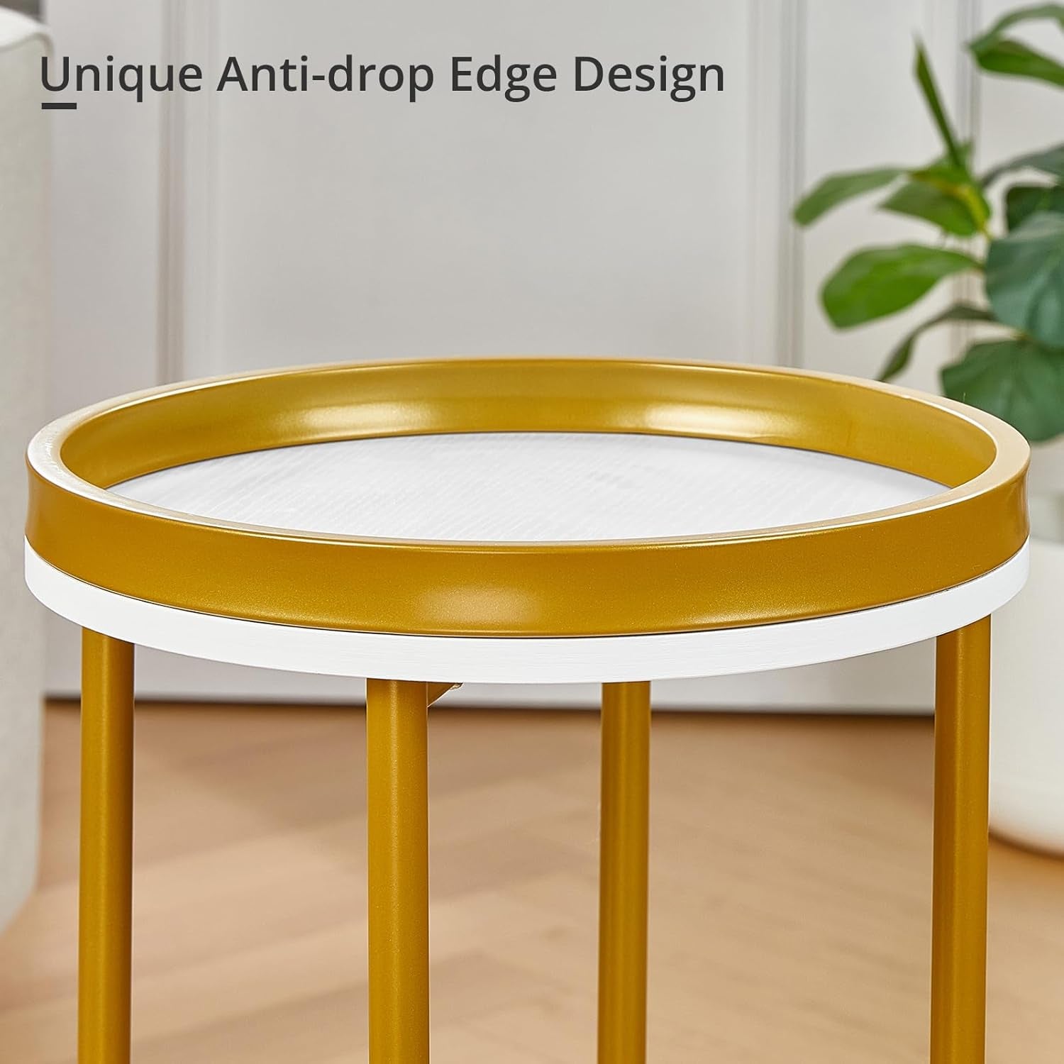 Small round Side Table with Storage Basket, 2-Tier round End Table for Living Room & Bedroom, 26" Tall Nightstand Modern Sofa End Table for Small Spaces (White Gold)