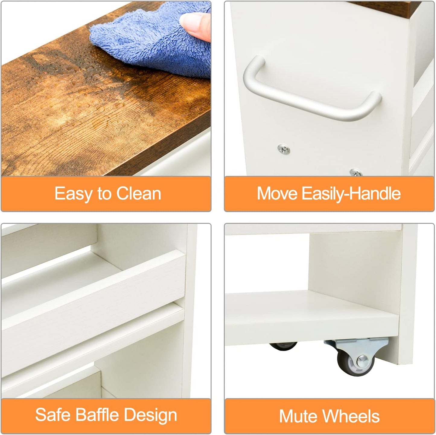 4 Tier White Slim Storage Cart with Handle, Slide Out Storage Rolling Utility Cart Mobile Shelving Unit Organizer Trolley for Small Spaces Kitchen Laundry Narrow Places