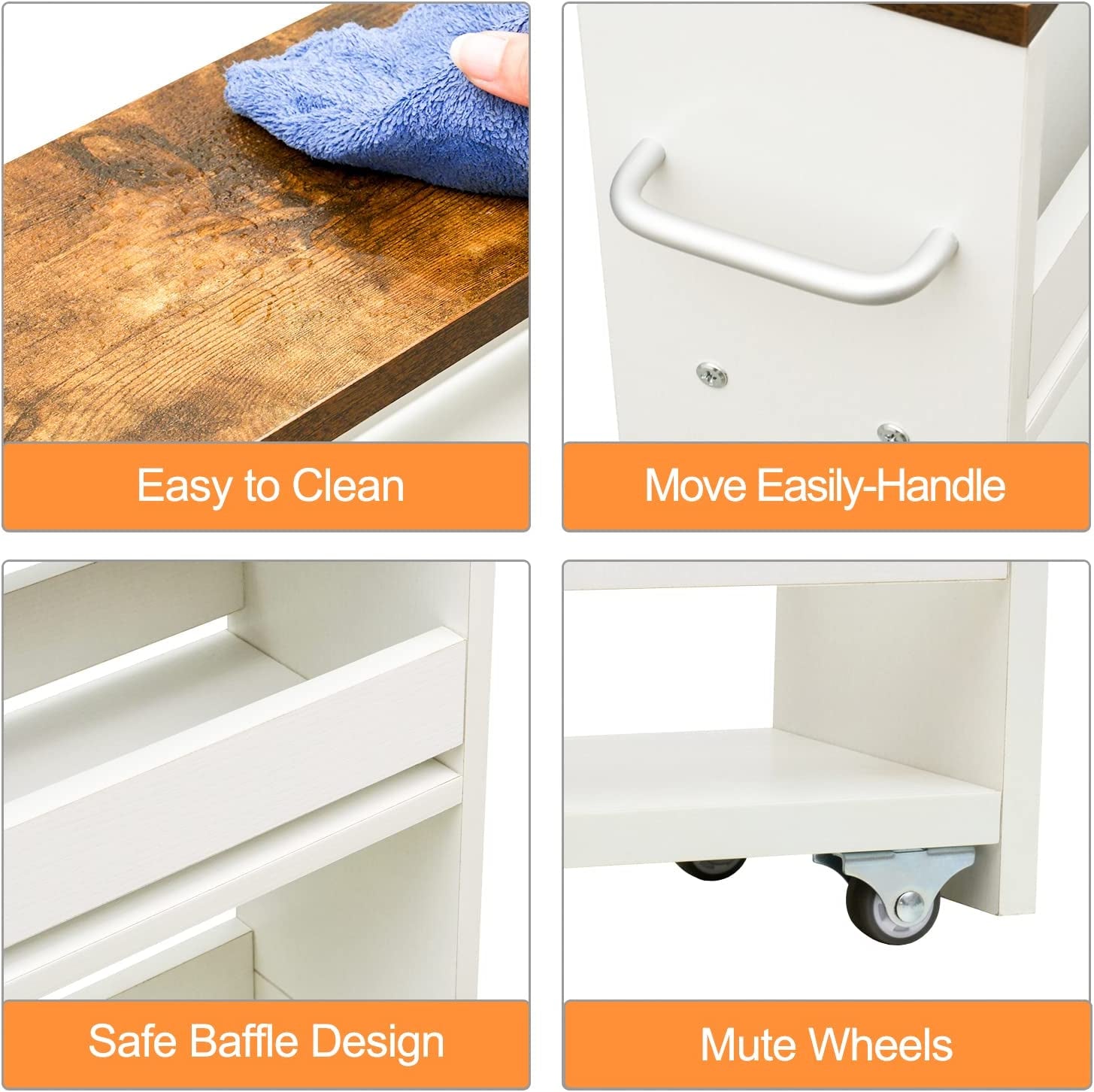 4 Tier White Slim Storage Cart with Handle, Slide Out Storage Rolling Utility Cart Mobile Shelving Unit Organizer Trolley for Small Spaces Kitchen Laundry Narrow Places