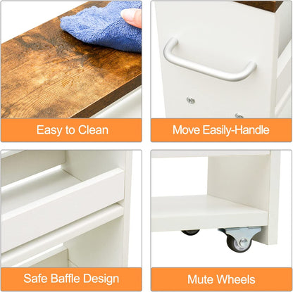 4 Tier White Slim Storage Cart with Handle, Slide Out Storage Rolling Utility Cart Mobile Shelving Unit Organizer Trolley for Small Spaces Kitchen Laundry Narrow Places