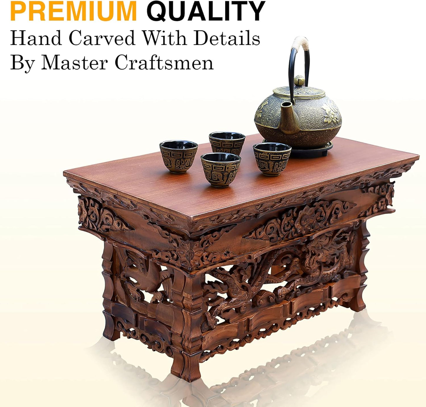 Solid Indian Elm Wood Hand Carved Shrine Altar Meditation Table (Small, Dark)
