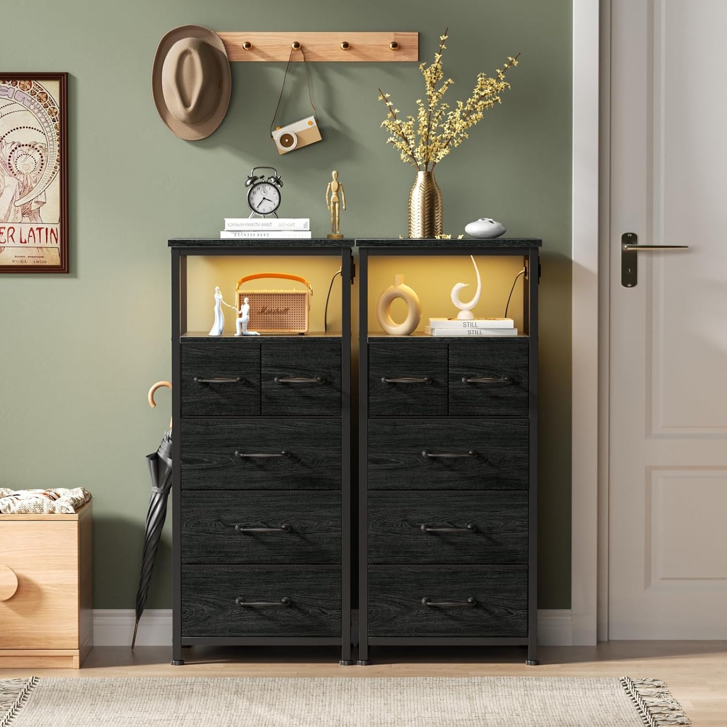 Dresser for Bedroom, Tall Nightstand, Vertical Chest with Wood Top, Charging Station, LED Lights, 5 Fabric Bins, Bedside Table with Shelf, Furniture for Entryway (5 Drawer, Black Oak)