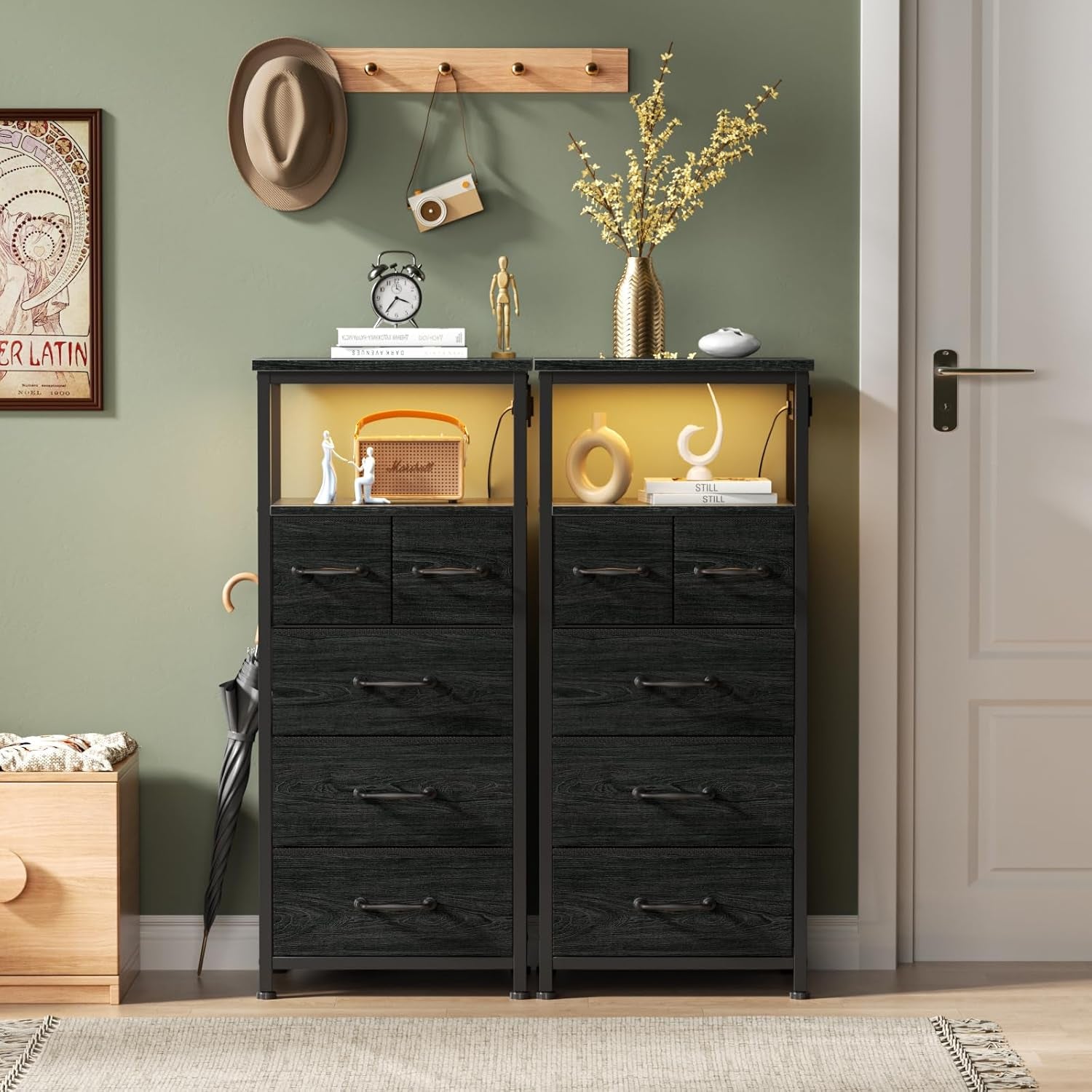 Dresser for Bedroom, Tall Nightstand, Vertical Chest with Wood Top, Charging Station, LED Lights, 5 Fabric Bins, Bedside Table with Shelf, Furniture for Entryway (5 Drawer, Black Oak)