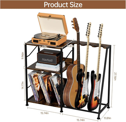 Record Player Stand, 3 Tier Guitar Stand for Acoustic, Electric Guitar, Bass Stand, Vinyl Record Storage up to 200 Albums, Brown Records Shelf for Living Room Bedroom (Rustic Brown)