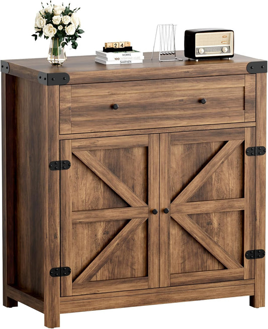 Coffee Bar and Accent Cabinet, Farmhouse Barn Door Buffet Sideboard with Drawer and Adjustable Shelf, Wide Desktop for Kitchen, Dining Room, Bathroom, Entryway, Brown