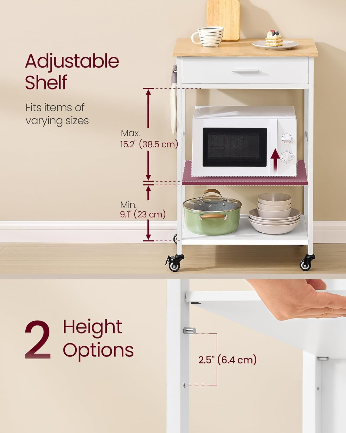 Kitchen Rolling Island, Mobile Kitchen Cart with Storage on Wheels, 17.7 X 23.6 X 35.4 Inches, Drawer, 2 Hooks, for Dining Room, Oak Beige and Matte White UKKI007Y01
