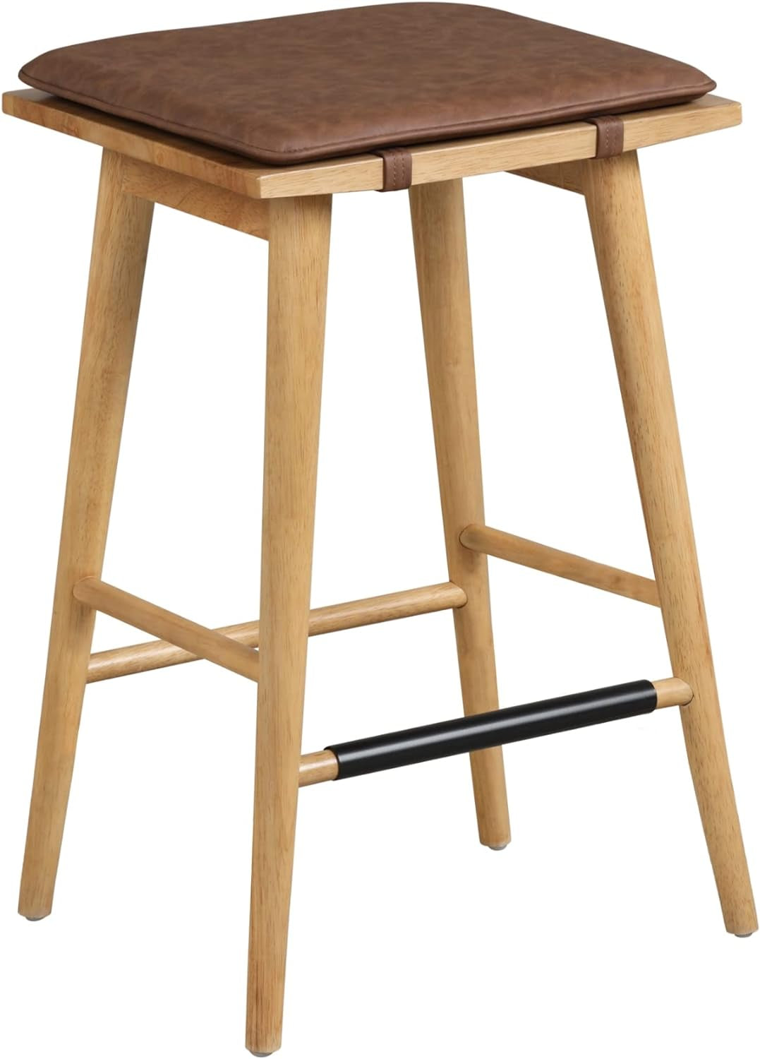 Barker Classic Counter Height Wood Barstool with Leather Removable Cushion, Backless Island 24" Bar Stool for Kitchen, Chestnut Brown