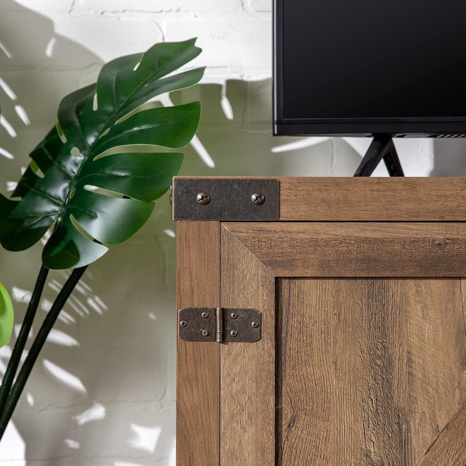 Lewis Single Barn Door Storage Console, 44 Inch, Rustic Oak, without Fireplace