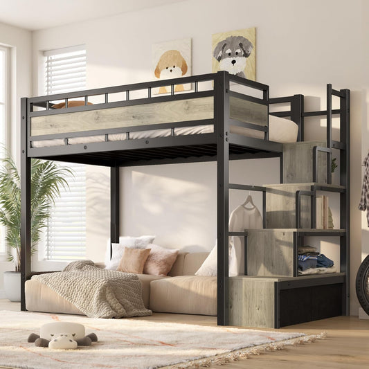 Loft Bed Twin Size with Stairs, More Sturdy Metal Loft Bed with Built-In Storage Stairs and Large Under-Bed Space, Used for Teens, Space Saving for Apartment or Dorm, No Box Spring, Black
