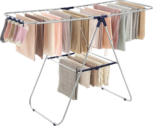 Clothes Drying Rack, with Sock Clips, Metal Laundry Rack, Foldable, Space-Saving, Free-Standing Airer, with 2 Height-Adjustable Gullwings, Indoor Outdoor Use, Silver and Blue ULLR52BU