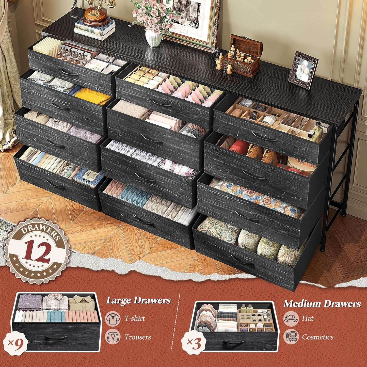 55" Long Dresser for Bedroom with 12 Fabric Drawers, Entertainment Center for 60 Inch TV Dressers & Chests of Drawers Large Organizer, Living Room, Metal Frame, Wood Top, Black