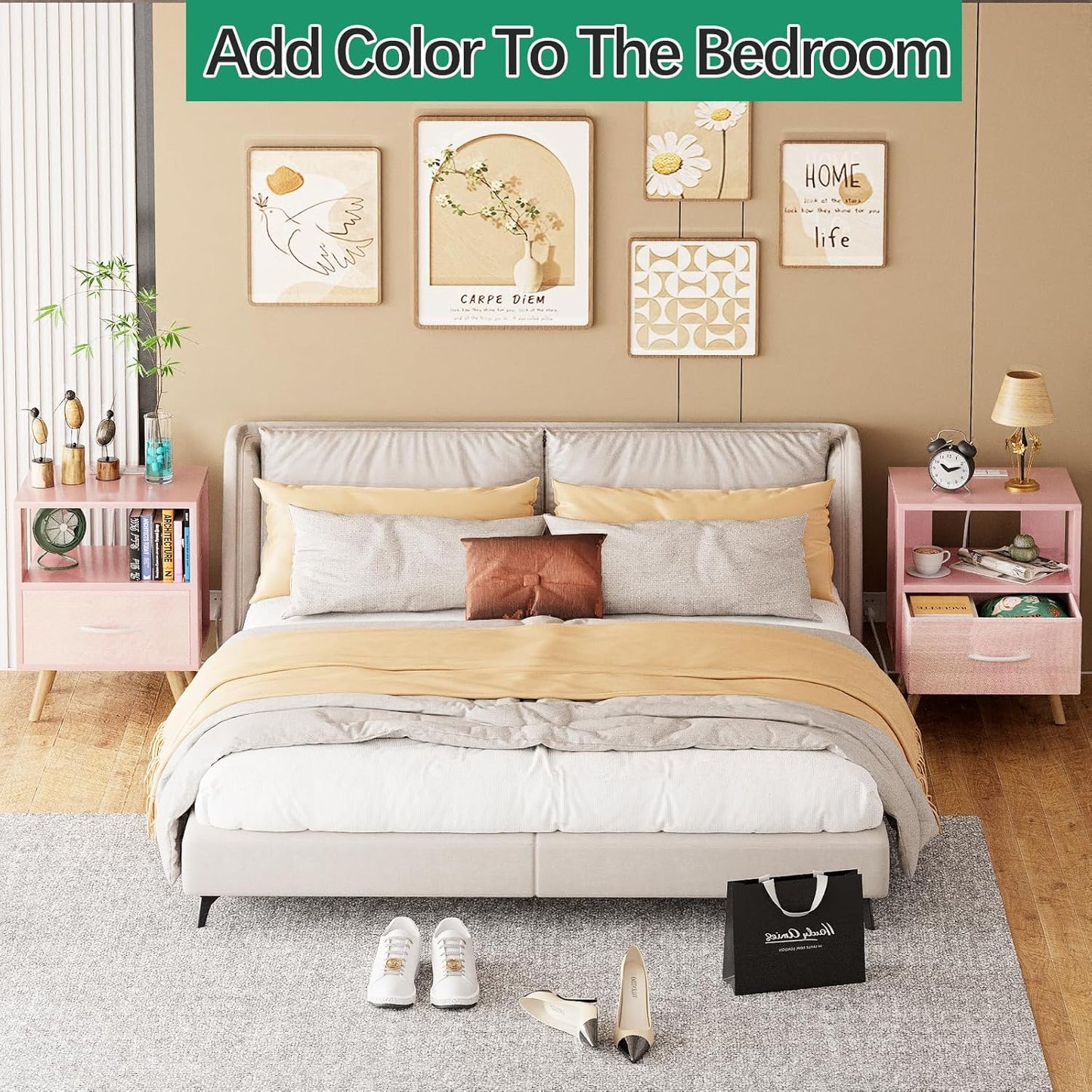 Night Stand with Charging Station, Pink Kids Nightstand with Drawer, 2-Tier Nursery Bedside Table with USB Ports and Outlets, End Table for Small Space, Living Room, Bedroom