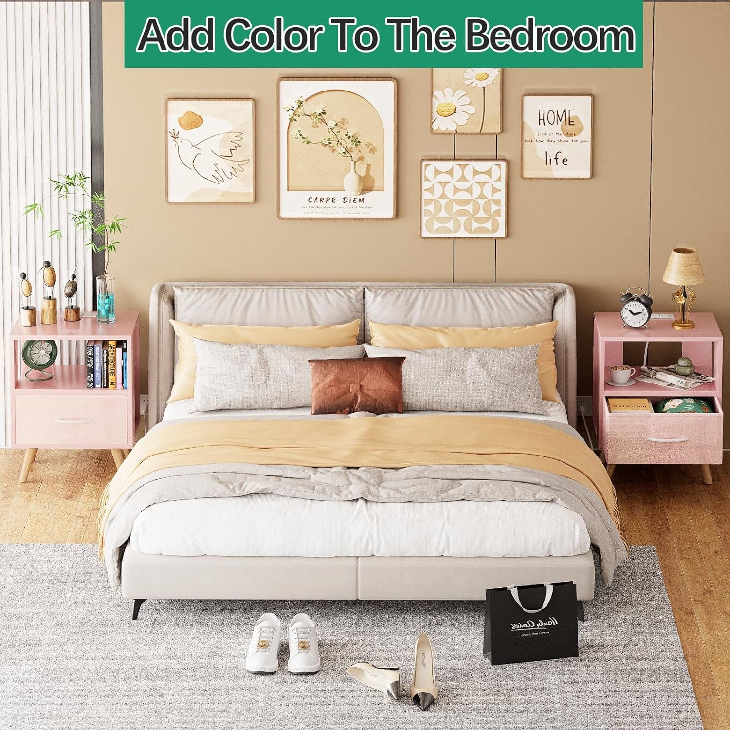 Night Stand with Charging Station, Pink Kids Nightstand with Drawer, 2-Tier Nursery Bedside Table with USB Ports and Outlets, End Table for Small Space, Living Room, Bedroom