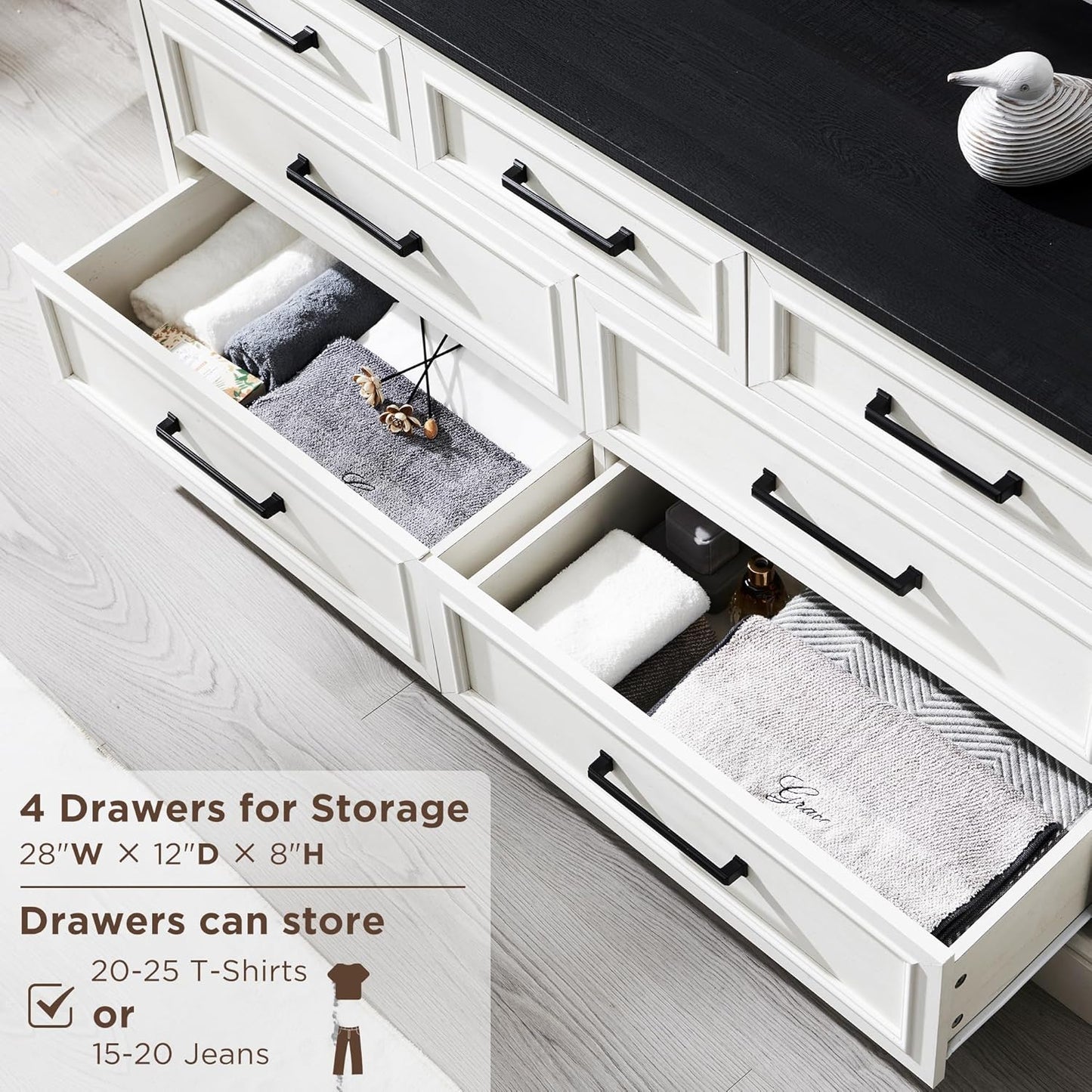 7 Drawer Dresser, Farmhouse Chest of Drawers for Bedroom, 52" Wide Dresser TV Stand with Large Metal Handles, Wood Drawer Organizer for Living Room, Hallway - off White