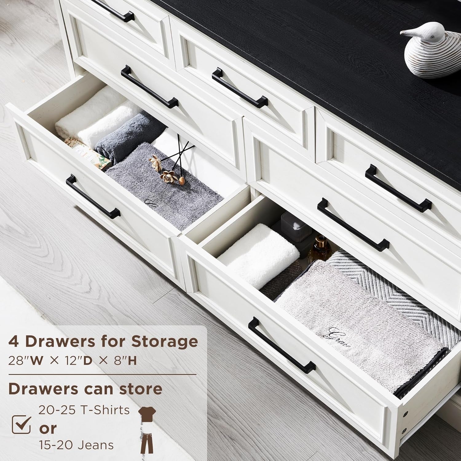 7 Drawer Dresser, Farmhouse Chest of Drawers for Bedroom, 52" Wide Dresser TV Stand with Large Metal Handles, Wood Drawer Organizer for Living Room, Hallway - off White