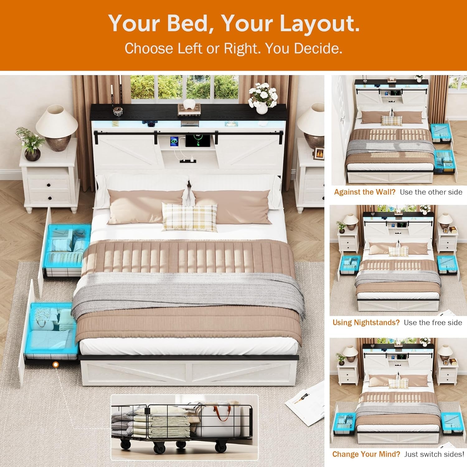 Queen Bed Frame with Barn Door Storage Headboard and 2 Drawers, USB Ports and LED Lights,Wood Platform Bed and All-Steel Support,No Noise,No Box Spring Needed,Antique White
