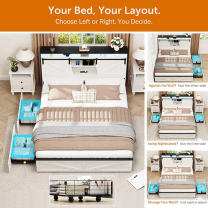 Queen Bed Frame with Barn Door Storage Headboard and 2 Drawers, USB Ports and LED Lights,Wood Platform Bed and All-Steel Support,No Noise,No Box Spring Needed,Antique White