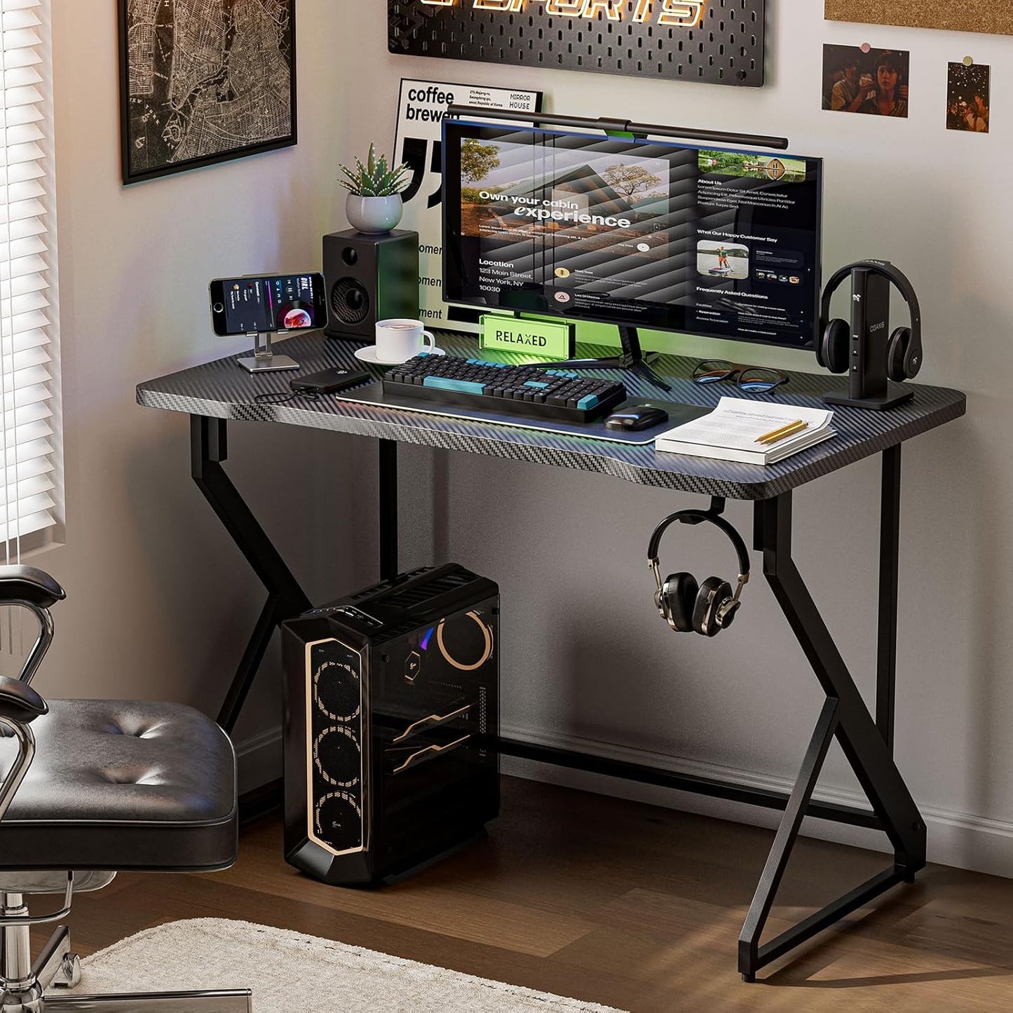 Gaming Desk Z Shaped 40 Inch Gamer Workstation, Home Computer Carbon Fiber Surface Gaming Desk PC Table with Headphone Hook, Carbon Fiber Black