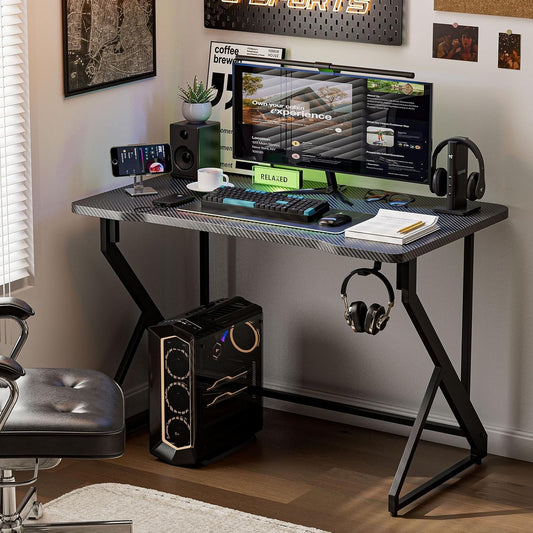 Gaming Desk Z Shaped 40 Inch Gamer Workstation, Home Computer Carbon Fiber Surface Gaming Desk PC Table with Headphone Hook, Carbon Fiber Black