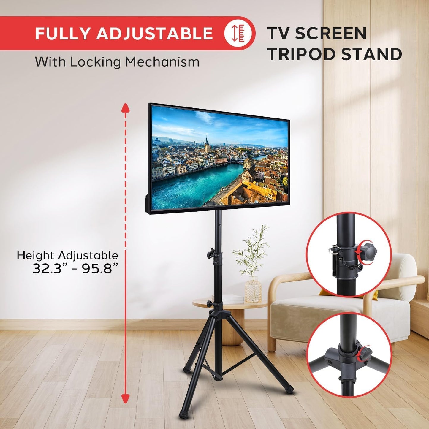 Premium LCD Flat Panel TV Tripod Stand, Portable & Foldable TV Mount for LCD/LED Flat Screen Tvs up to 32", Adjustable Height, 88.8 Lbs Capacity, VESA 100X200/200X200 - (PTVSTNDPT3215)