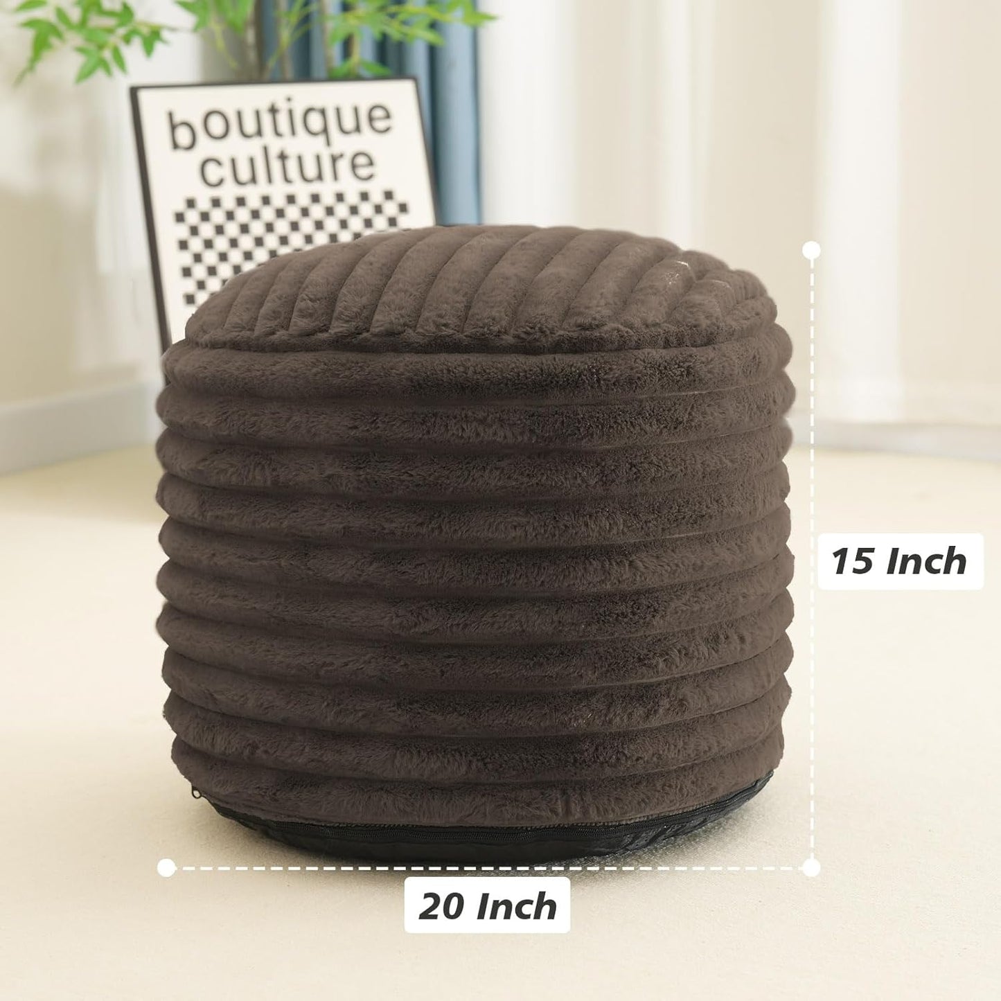 Pouf Ottoman Stuffed round for Foot Rest, Faux Fur Poufs with Foam Chunk Filling, Storage Ottoman Pouf Foot Stool Cushion, 20 X 15 Inch Floor Chair for Living Room Bedroom Home Decor, Brown
