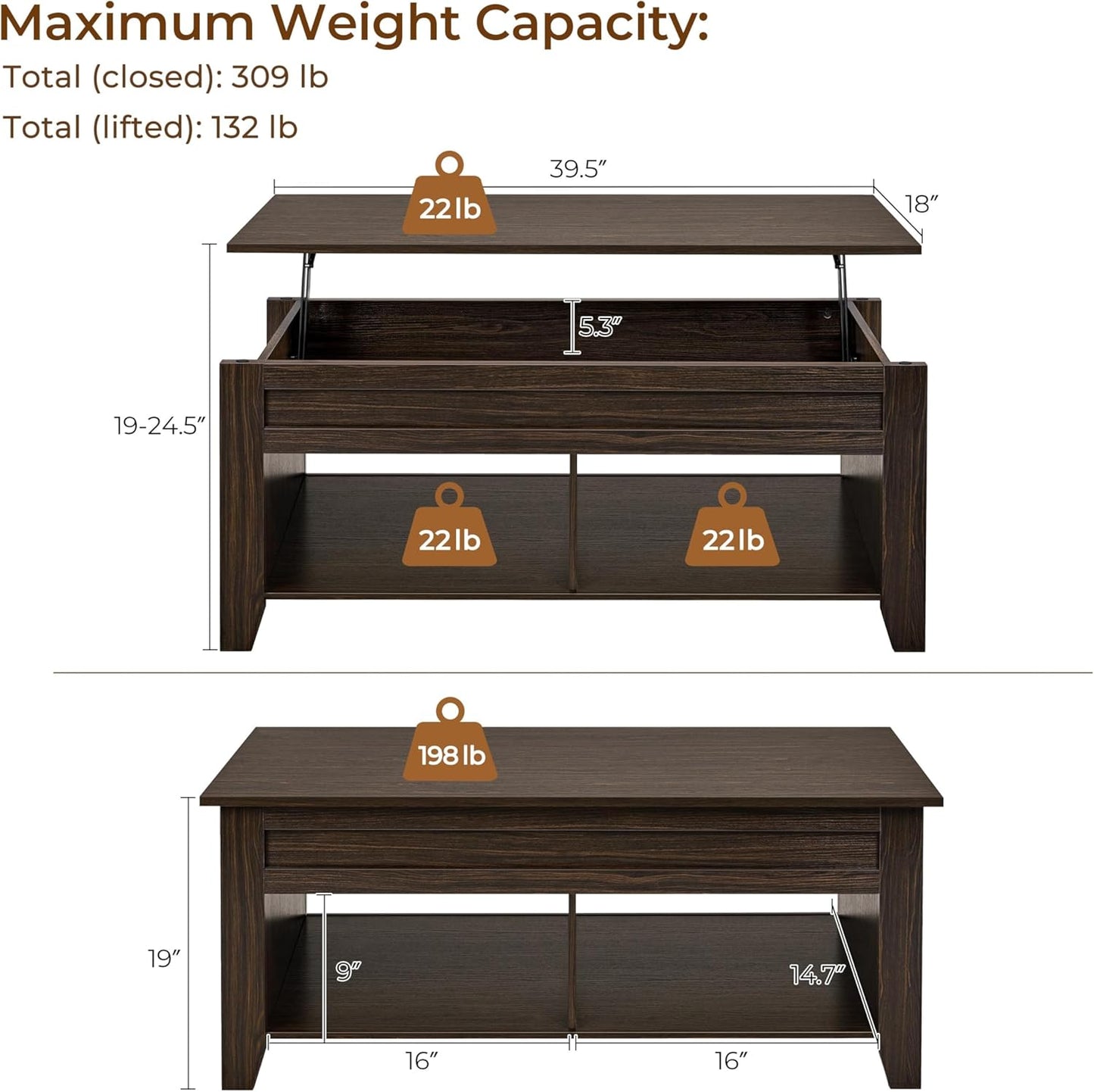 Lift Top Coffee Table with Hidden Storage Compartment & Seperated Lower Shelf, Lift up Coffee Table, Rising Tabletop Dining Table for Living Room, 39.5 in L, Espresso