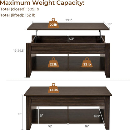 Lift Top Coffee Table with Hidden Storage Compartment & Seperated Lower Shelf, Lift up Coffee Table, Rising Tabletop Dining Table for Living Room, 39.5 in L, Espresso
