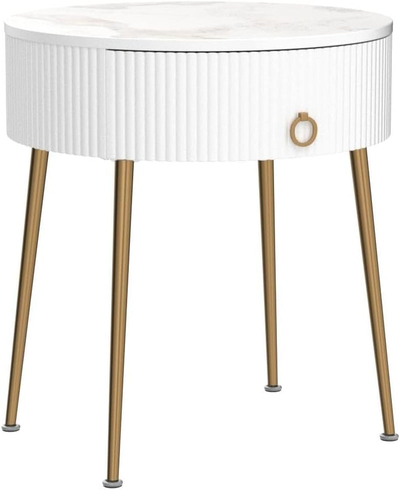 round Nightstand with Drawer, Modern Side Table with Marbling Natural Stone Tabletop and Metal Legs, Small End Table with Storage for Living Room and Bedroom, Gold