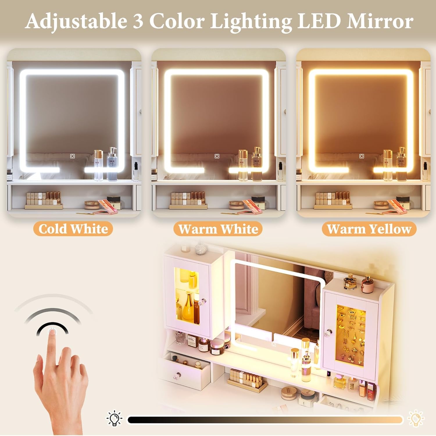 Vanity Desk with Mirror & Lights, 42‘’ Large Makeup Vanity with 2 RGB Jewelry Cabinets & 7 Drawers, White Vanity Table Set with Charging Station, Dressing Table with Lights Desk, 3 Light Modes