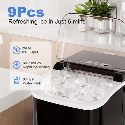 Ice Makers Countertop with Handle, Portable Ice Machine, 9 Bullet Cubes in 6 Mins, 26Lbs in 24Hrs, Auto-Cleaning, with Basket and Scoop, for Home, Kitchen, RV, Camping, Black