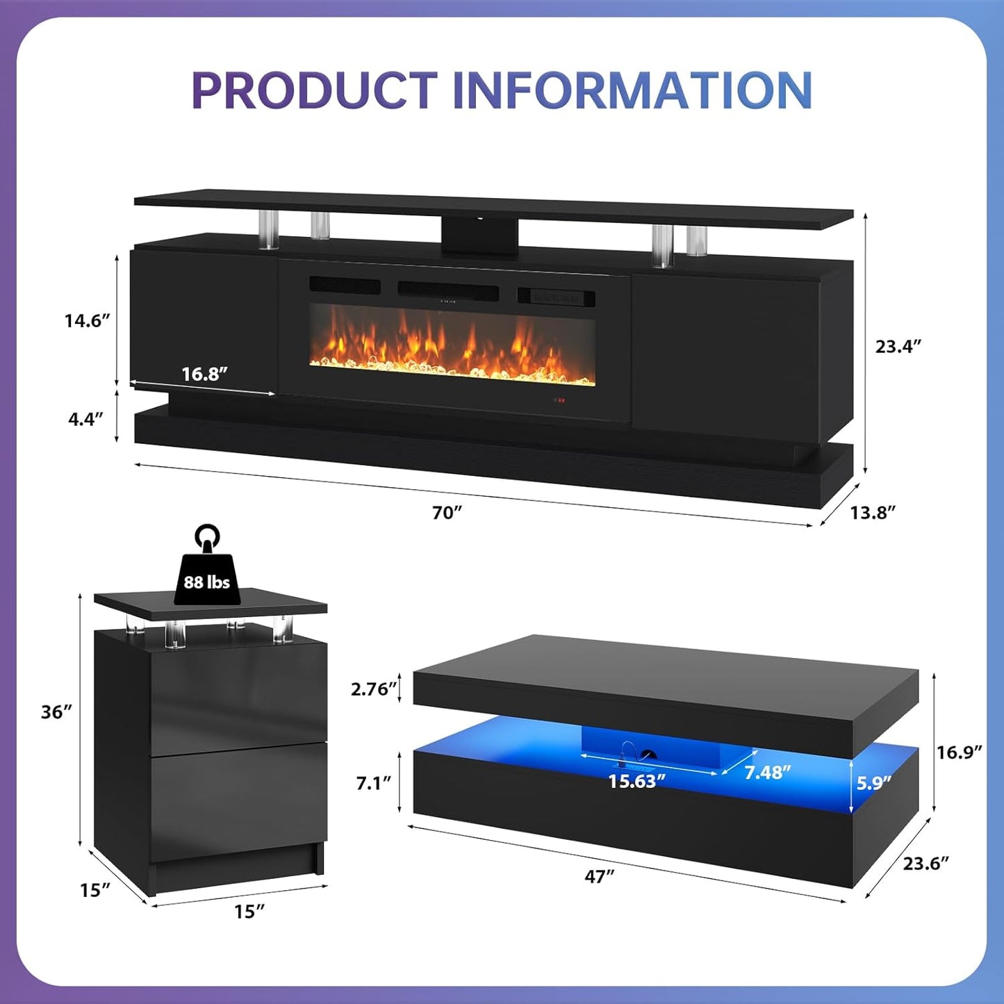 4-Piece Modern Living Room Table Set, Includes High Gloss 70" Fireplace TV Stand, LED Coffee Table and End Tables Set of 2 with Storage Drawers, Black