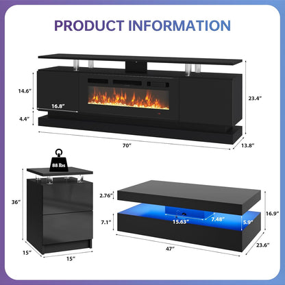 4-Piece Modern Living Room Table Set, Includes High Gloss 70" Fireplace TV Stand, LED Coffee Table and End Tables Set of 2 with Storage Drawers, Black